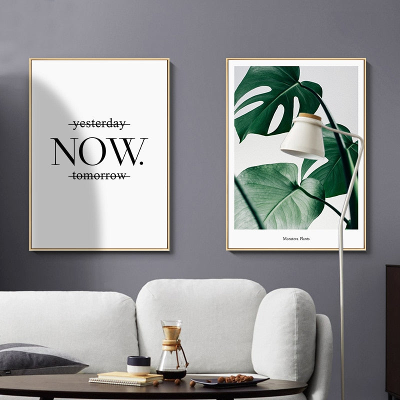 Green Leaves Plants Now Inspiring Quote - Canvas Wall Art Painting | Bowlift