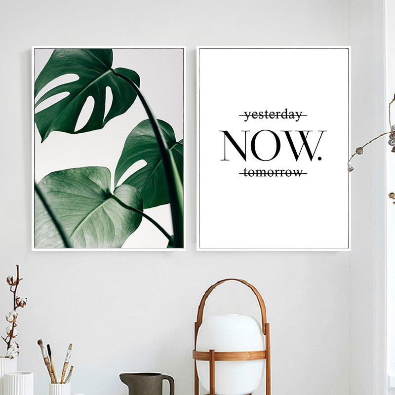 Green Leaves Plants Now Inspiring Quote - Canvas Wall Art Painting | Bowlift