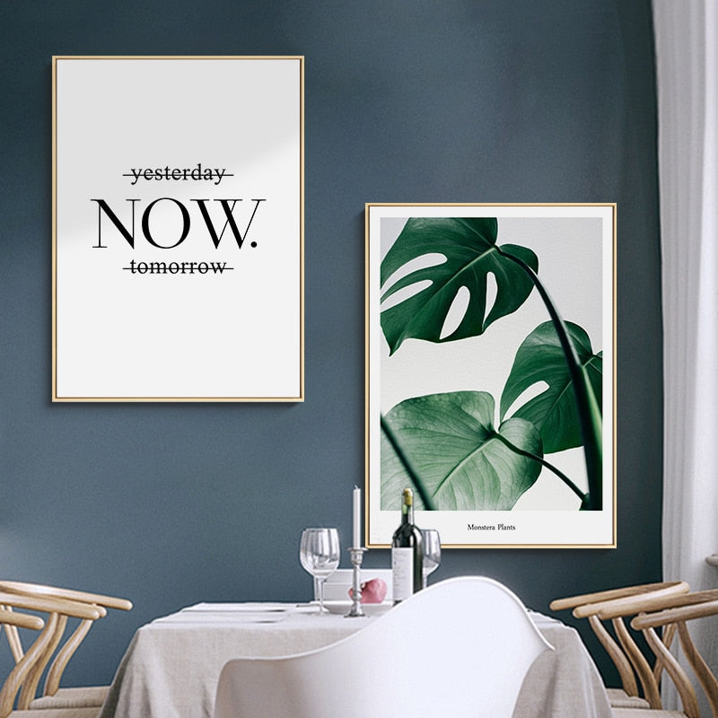 Green Leaves Plants Now Inspiring Quote - Canvas Wall Art Painting | Bowlift