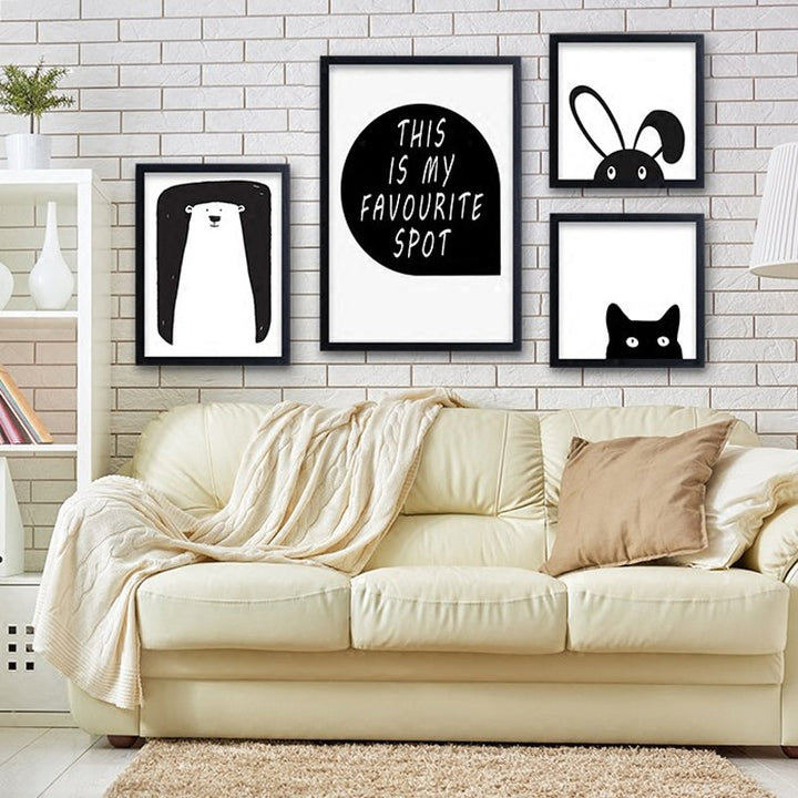 Minimalist Black And White Cartoon Bear Nursery Decor - Canvas Wall Art Painting | Bowlift