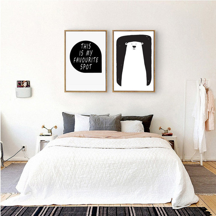 Minimalist Black And White Cartoon Bear Nursery Decor - Canvas Wall Art Painting | Bowlift