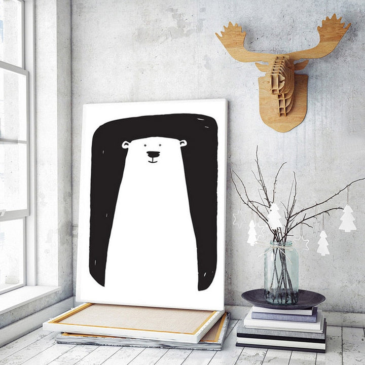 Minimalist Black And White Cartoon Bear Nursery Decor - Canvas Wall Art Painting | Bowlift