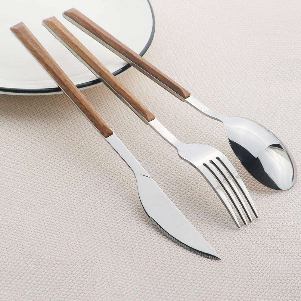 Stainless Steel Dinnerware Set Imitation Wood Marble Handle Set | Bowlift