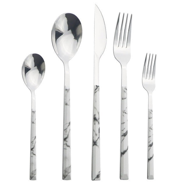Stainless Steel Dinnerware Set Imitation Wood Marble Handle Set | Bowlift