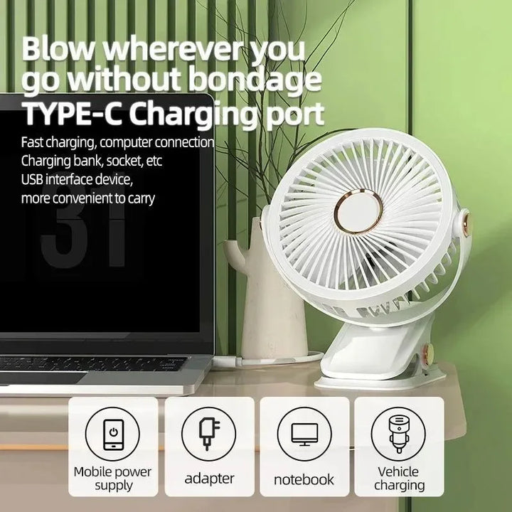 8000mAh Clip-on Fan 3 Speed Quiet Rechargeable Desktop Portable Air Circulator Wireless Fan | Bowlift