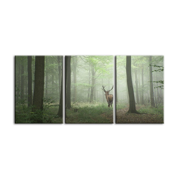 Misty Mystical Deer In The Woods-Canvas Wall Art Painting 3 Pieces | Bowlift